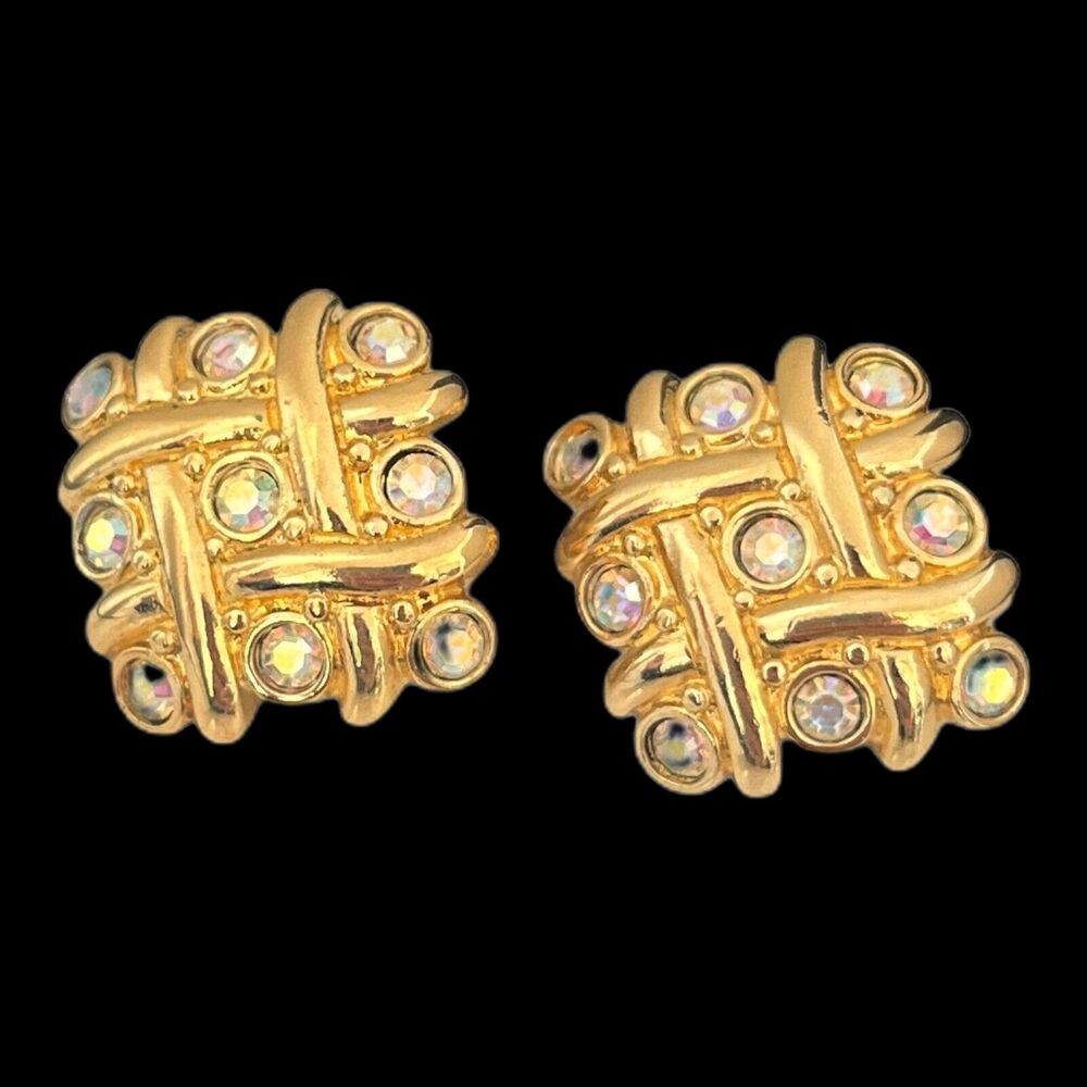 Vintage 1980s AB Crystal Clip Earrings Gold Tone Textured Design - 5D